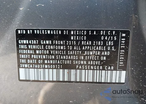 2015 Volkswagen Golf Sportwagen Tdi S 4-Door из США, поврежденный, VIN 3VWCA7AU3FM509121